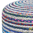 20" Blue Gray and Green Jute and Cotton Striped Round Pouf Ottoman