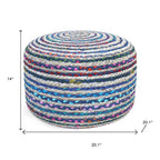 20" Blue Gray and Green Jute and Cotton Striped Round Pouf Ottoman