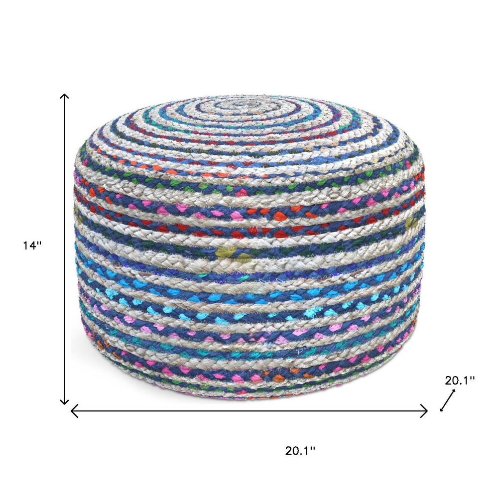 20" Blue Gray and Green Jute and Cotton Striped Round Pouf Ottoman