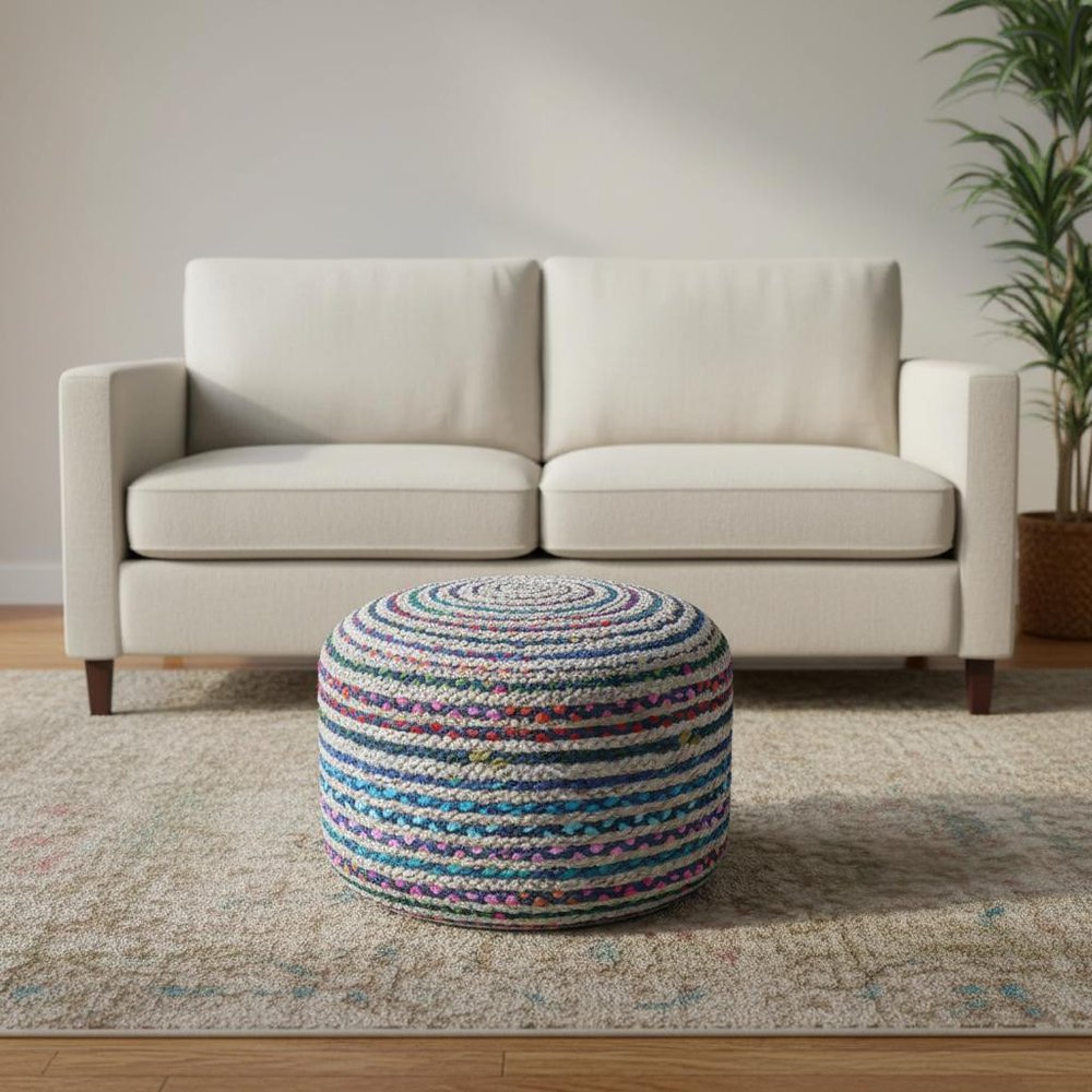 20" Blue Gray and Green Jute and Cotton Striped Round Pouf Ottoman