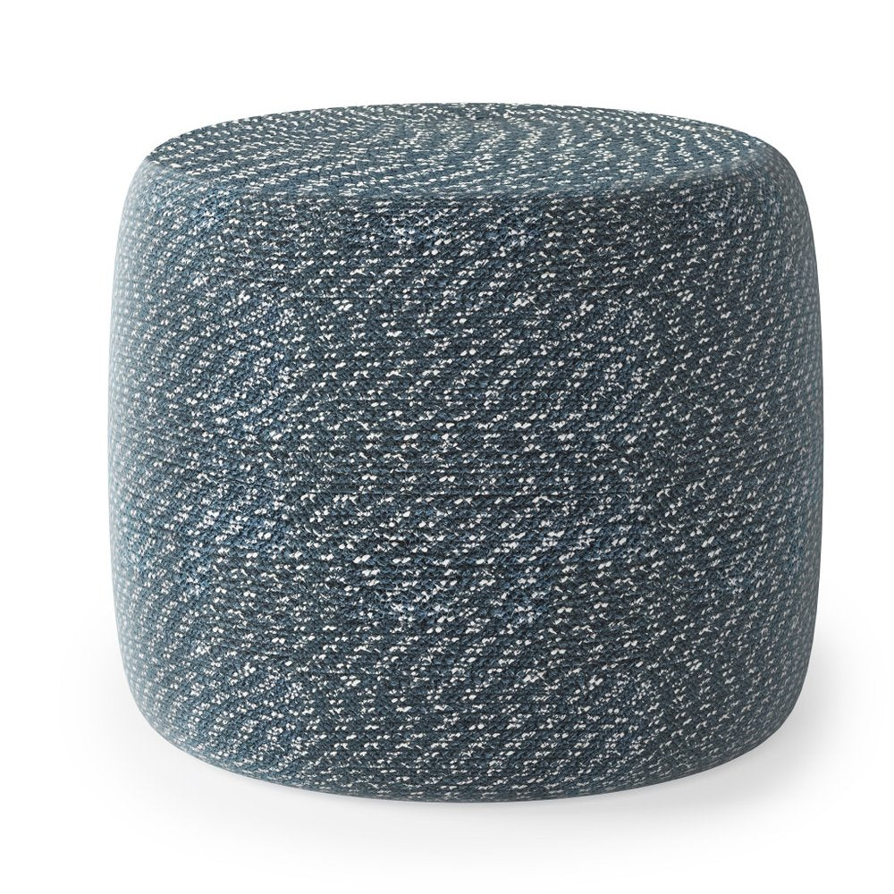 20" Blue and White Cotton Abstract Round Pouf Ottoman