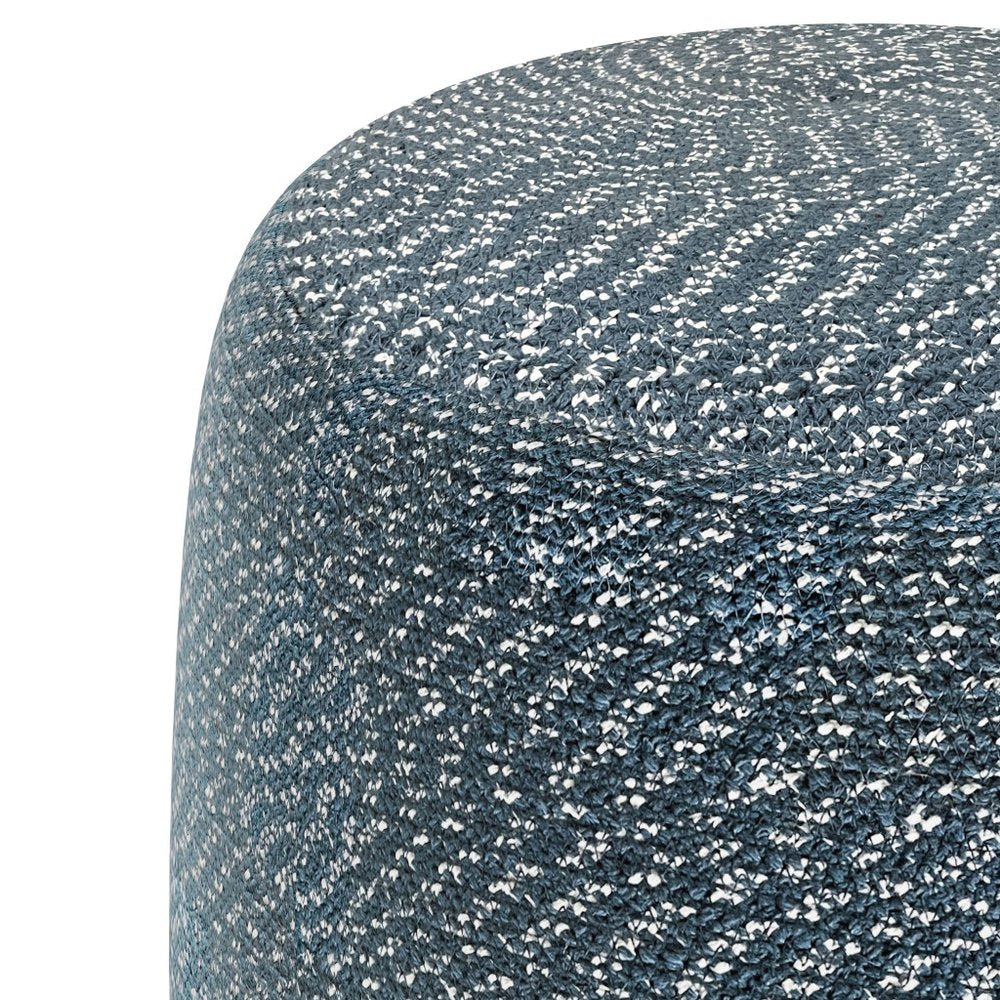 20" Blue and White Cotton Abstract Round Pouf Ottoman