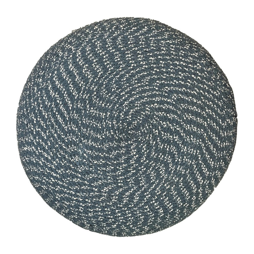 20" Blue and White Cotton Abstract Round Pouf Ottoman
