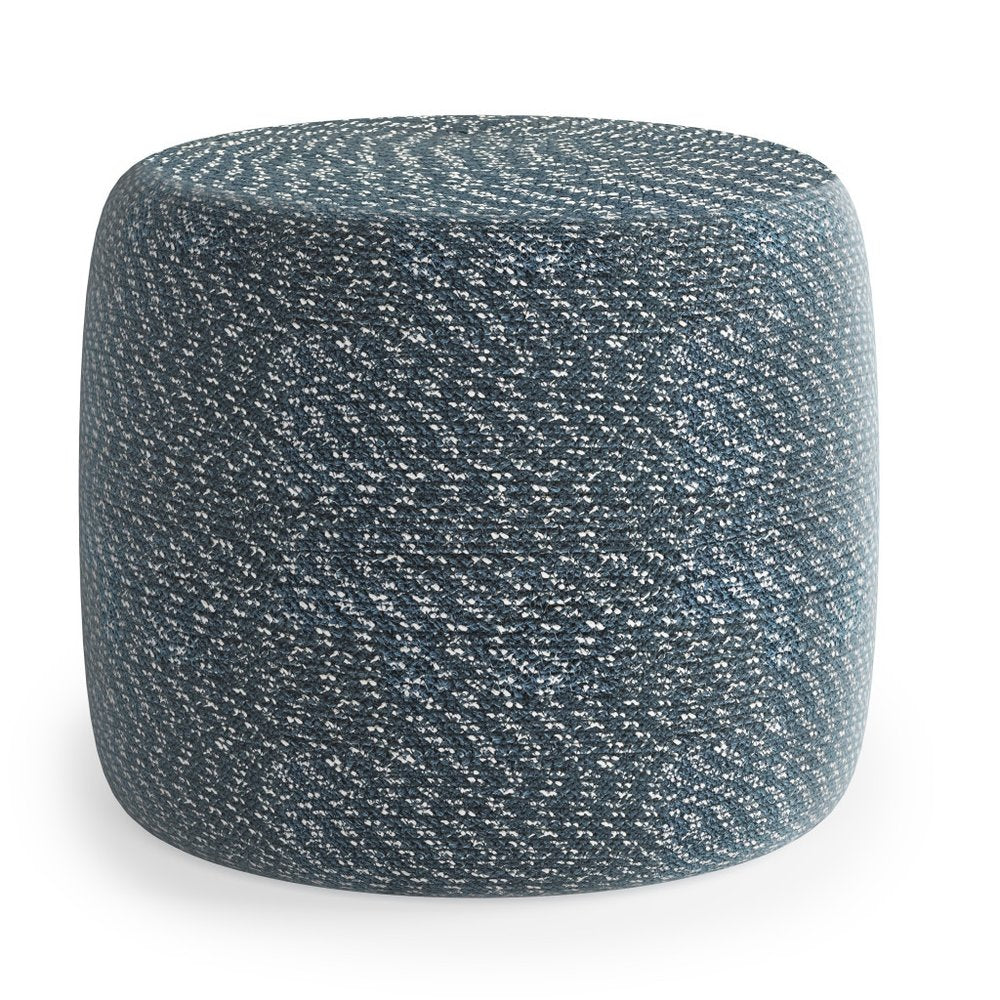 20" Blue and White Cotton Abstract Round Pouf Ottoman