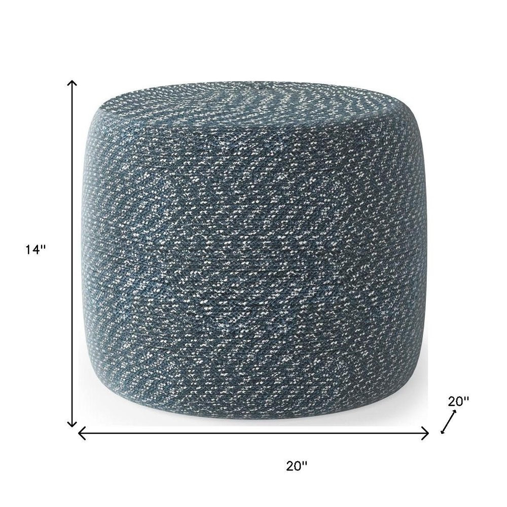 20" Blue and White Cotton Abstract Round Pouf Ottoman
