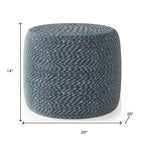 20" Blue and White Cotton Abstract Round Pouf Ottoman