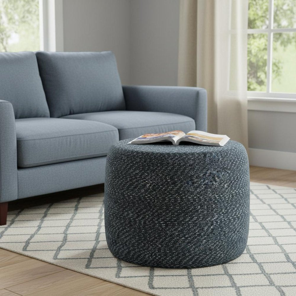 20" Blue and White Cotton Abstract Round Pouf Ottoman