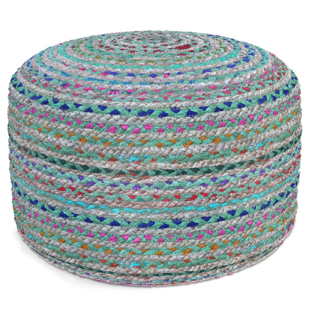 20" Blue Gray and Green Jute and Cotton Striped Round Pouf Ottoman