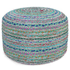 20" Blue Gray and Green Jute and Cotton Striped Round Pouf Ottoman
