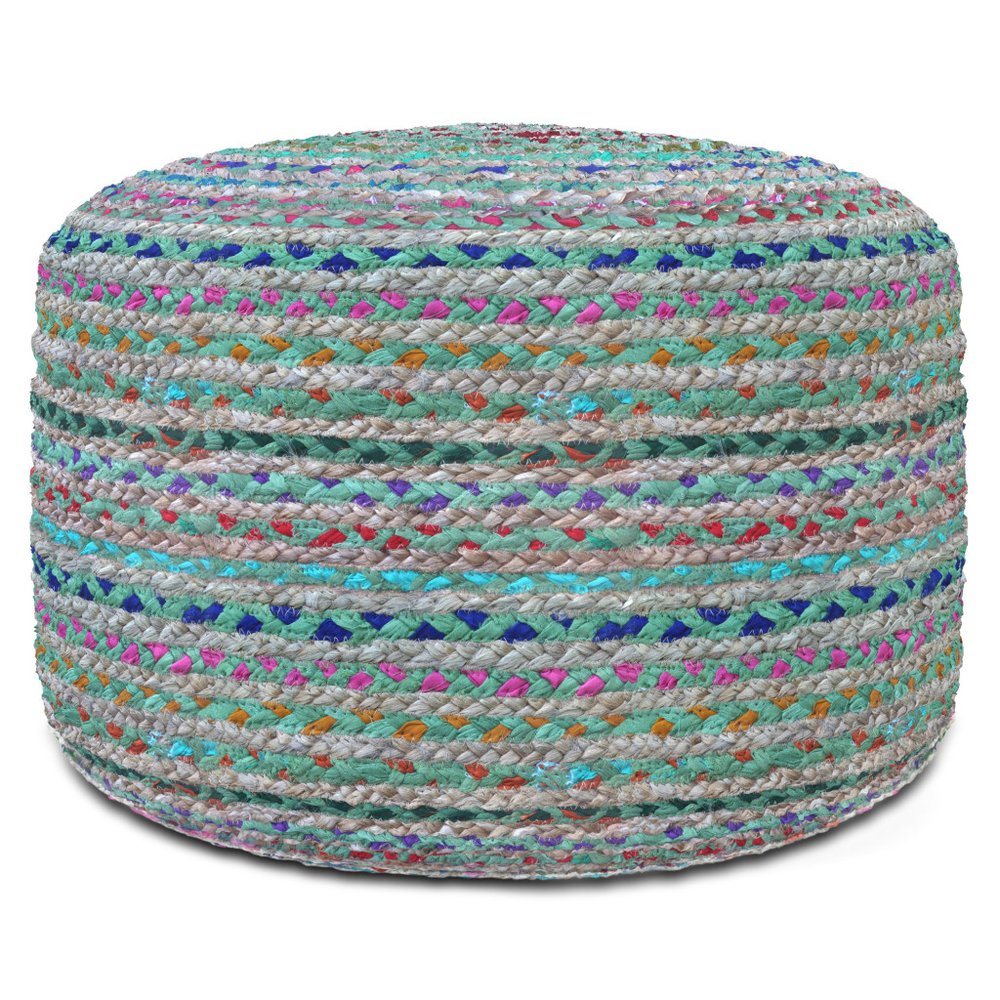 20" Blue Gray and Green Jute and Cotton Striped Round Pouf Ottoman