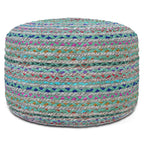 20" Blue Gray and Green Jute and Cotton Striped Round Pouf Ottoman