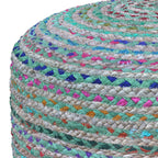 20" Blue Gray and Green Jute and Cotton Striped Round Pouf Ottoman