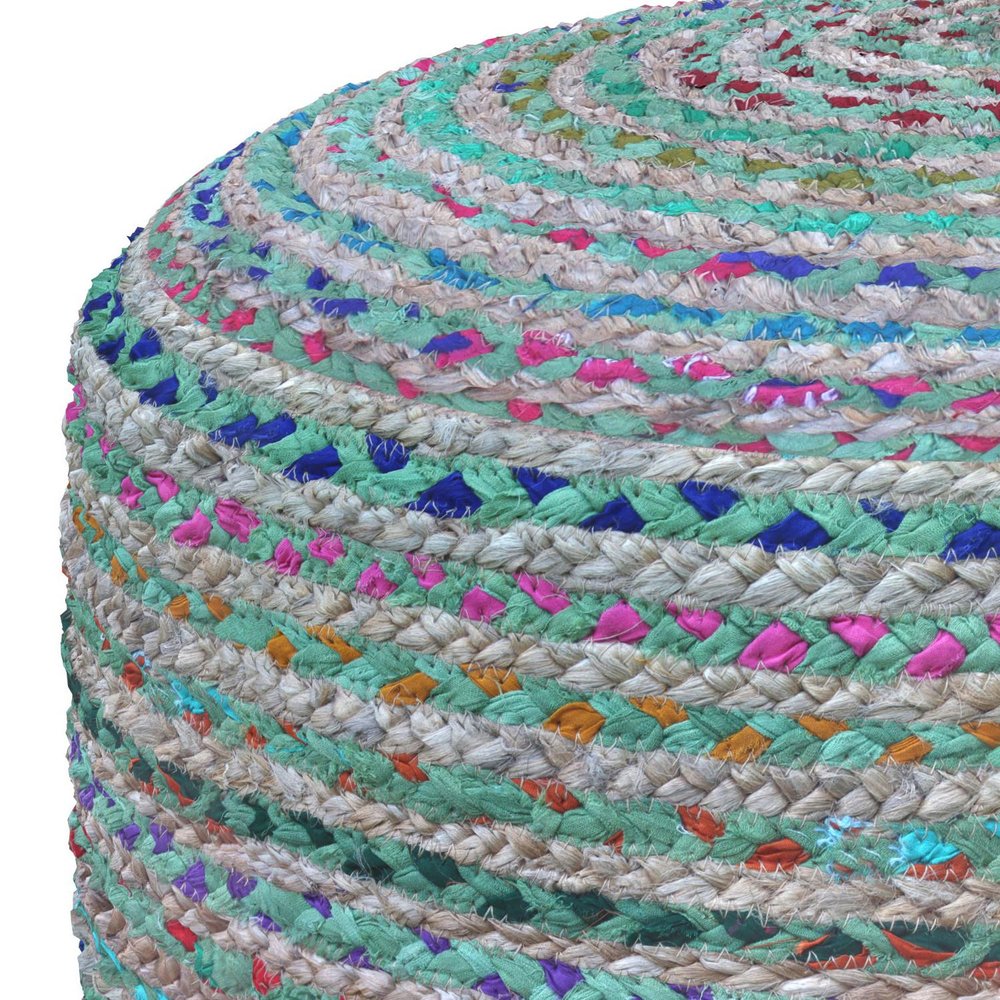 20" Blue Gray and Green Jute and Cotton Striped Round Pouf Ottoman