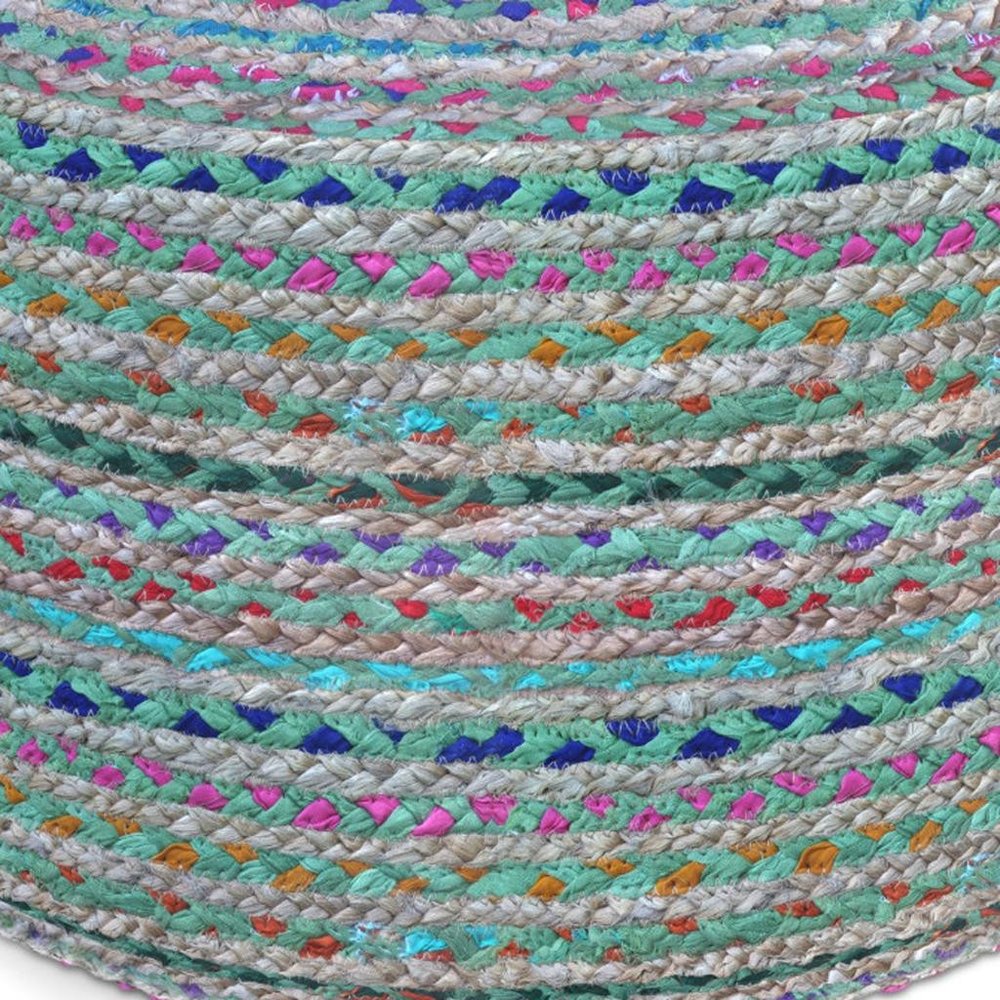 20" Blue Gray and Green Jute and Cotton Striped Round Pouf Ottoman