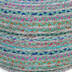 20" Blue Gray and Green Jute and Cotton Striped Round Pouf Ottoman