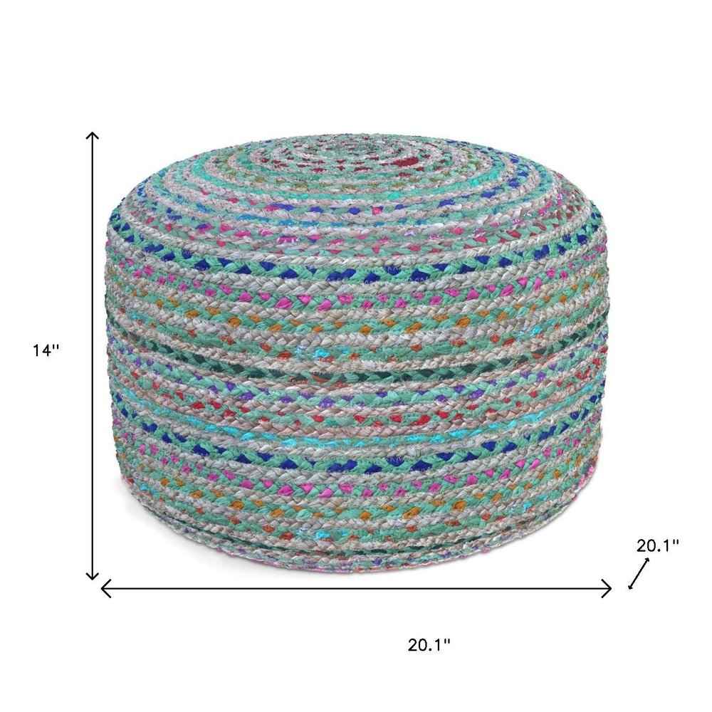 20" Blue Gray and Green Jute and Cotton Striped Round Pouf Ottoman