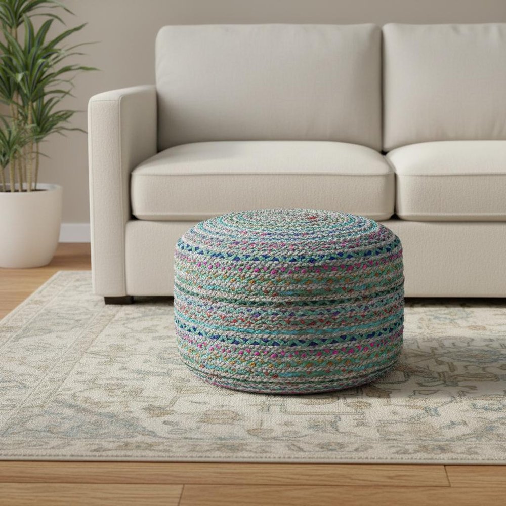 20" Blue Gray and Green Jute and Cotton Striped Round Pouf Ottoman