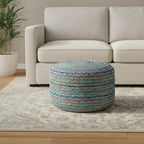 20" Blue Gray and Green Jute and Cotton Striped Round Pouf Ottoman
