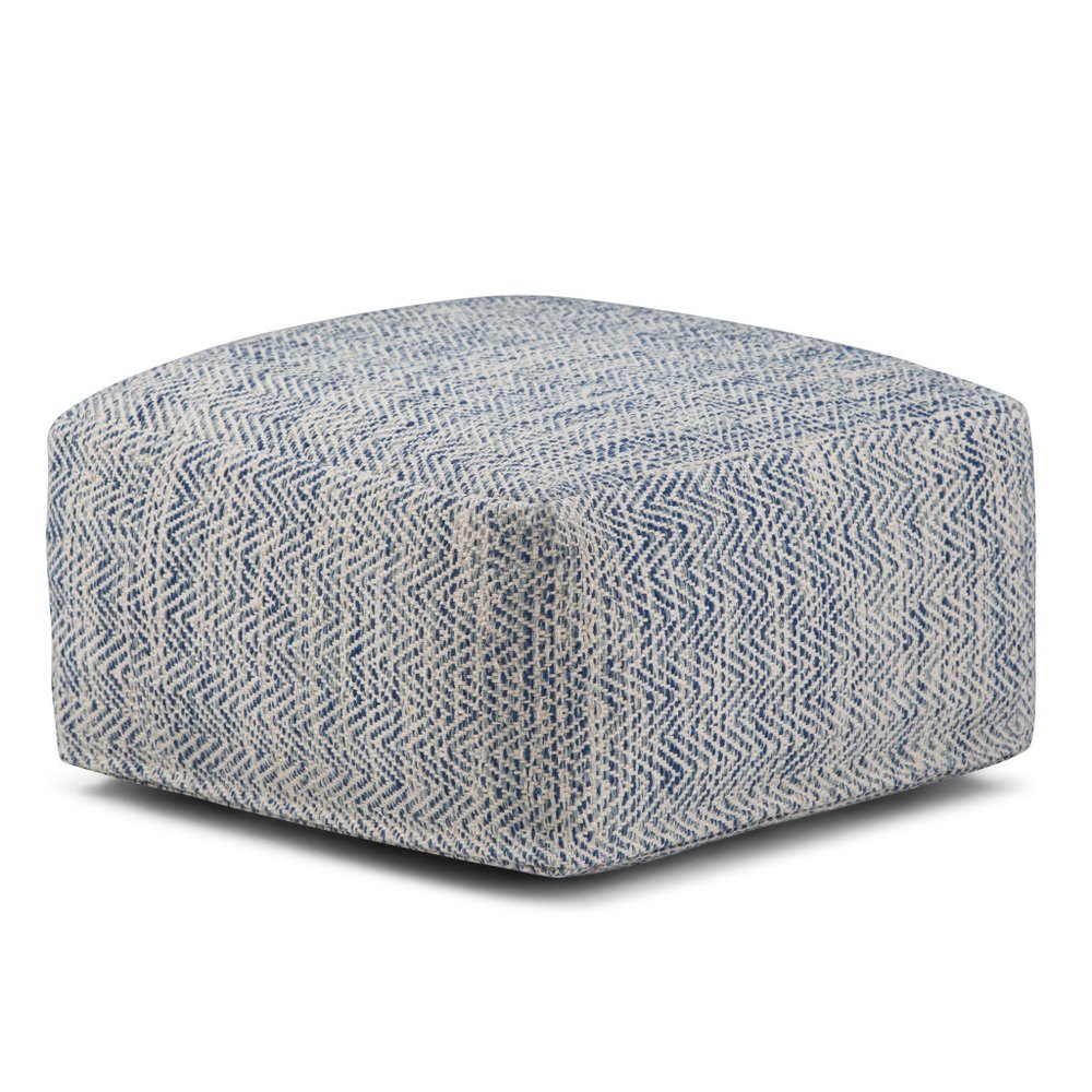 20" Denim Blue and White Cotton Chevron Pouf Ottoman