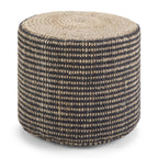18" Black and Natural Jute Round Pouf Ottoman