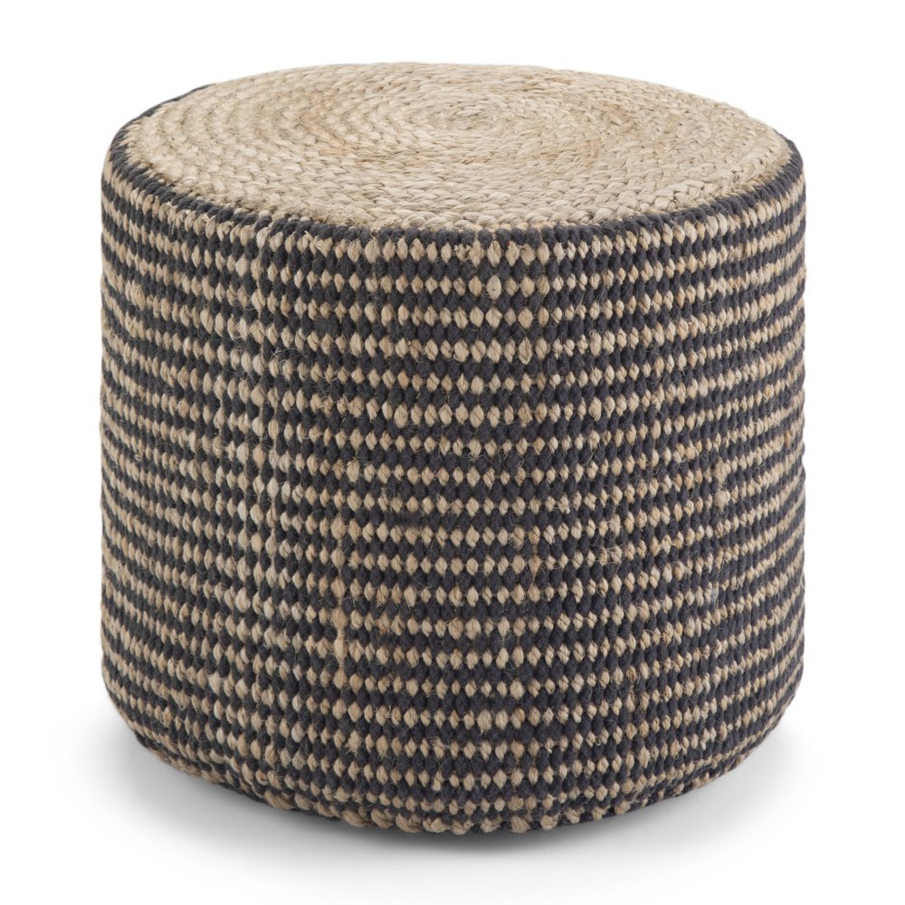 18" Black and Natural Jute Round Pouf Ottoman