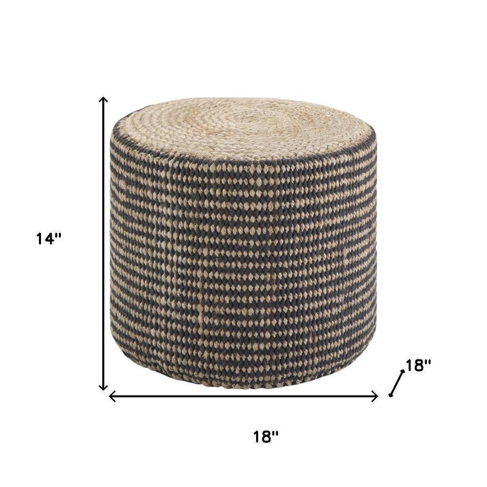 18" Black and Natural Jute Round Pouf Ottoman