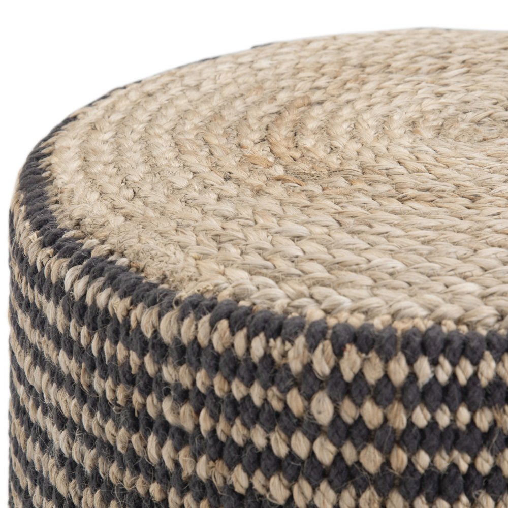 18" Black and Natural Jute Round Pouf Ottoman