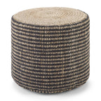 18" Black and Natural Jute Round Pouf Ottoman