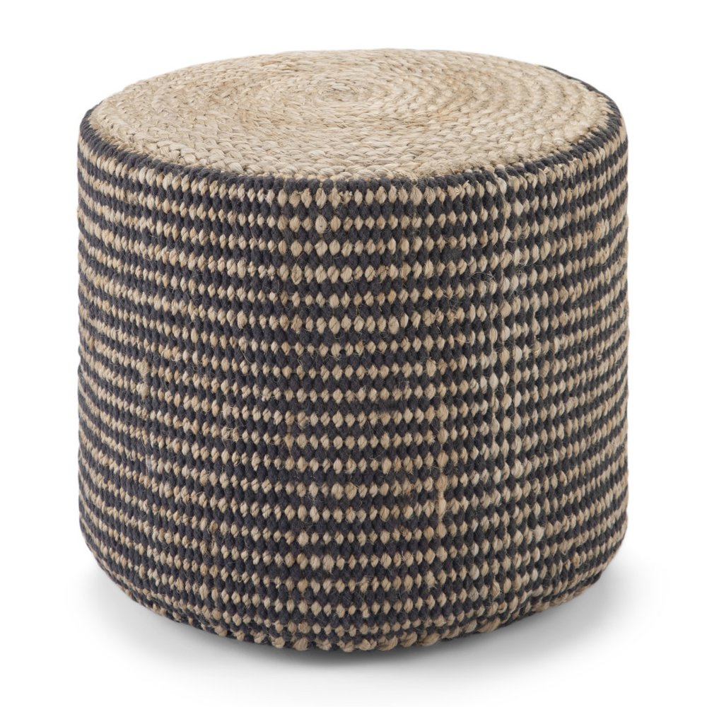 18" Black and Natural Jute Round Pouf Ottoman