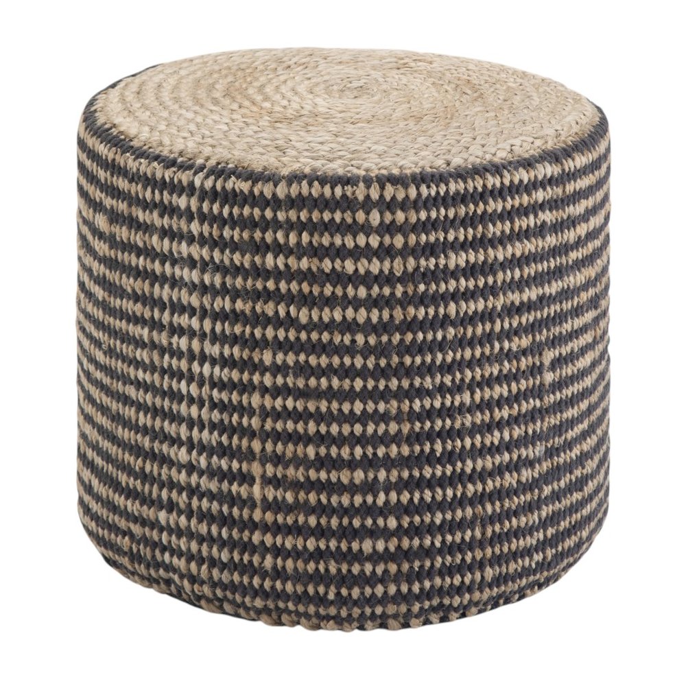 18" Black and Natural Jute Round Pouf Ottoman