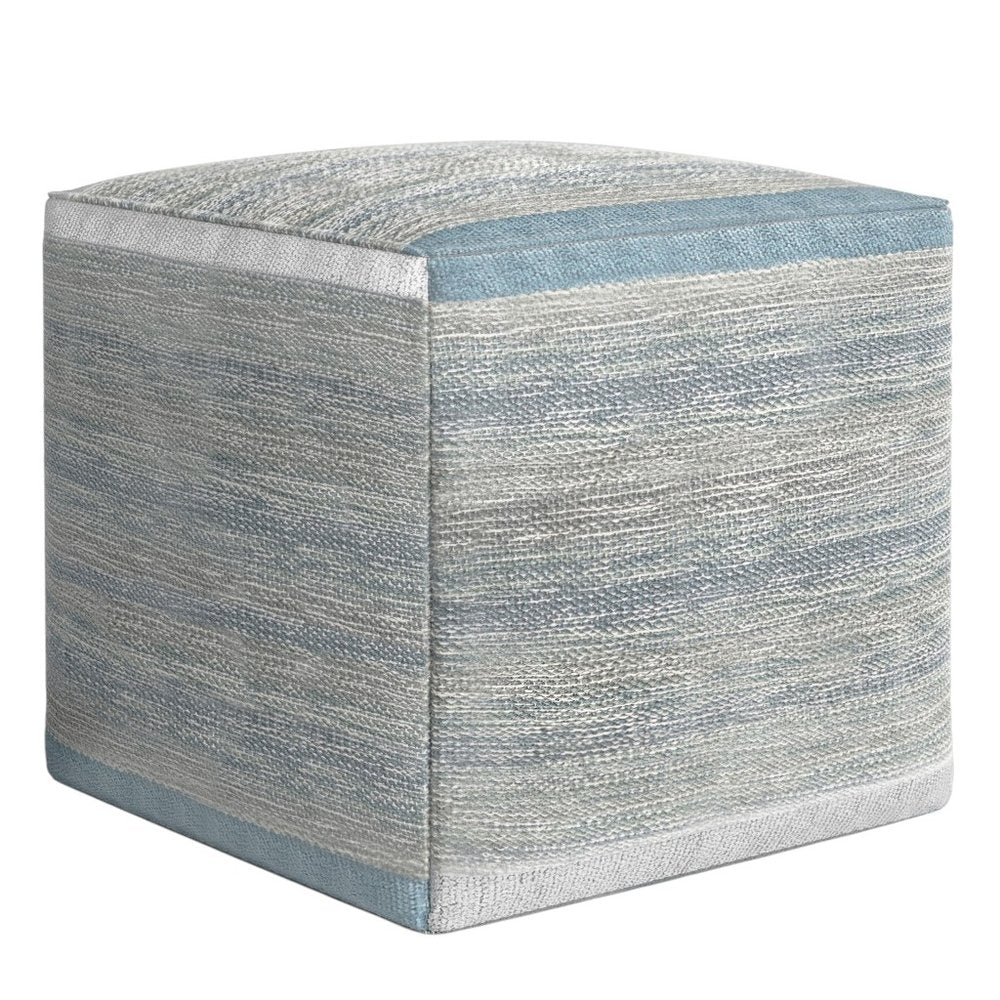 16" Blue Gray and Off White Cotton Abstract Cube Pouf Ottoman