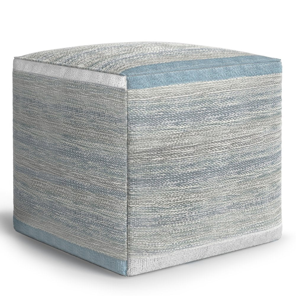 16" Blue Gray and Off White Cotton Abstract Cube Pouf Ottoman