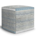 16" Blue Gray and Off White Cotton Abstract Cube Pouf Ottoman