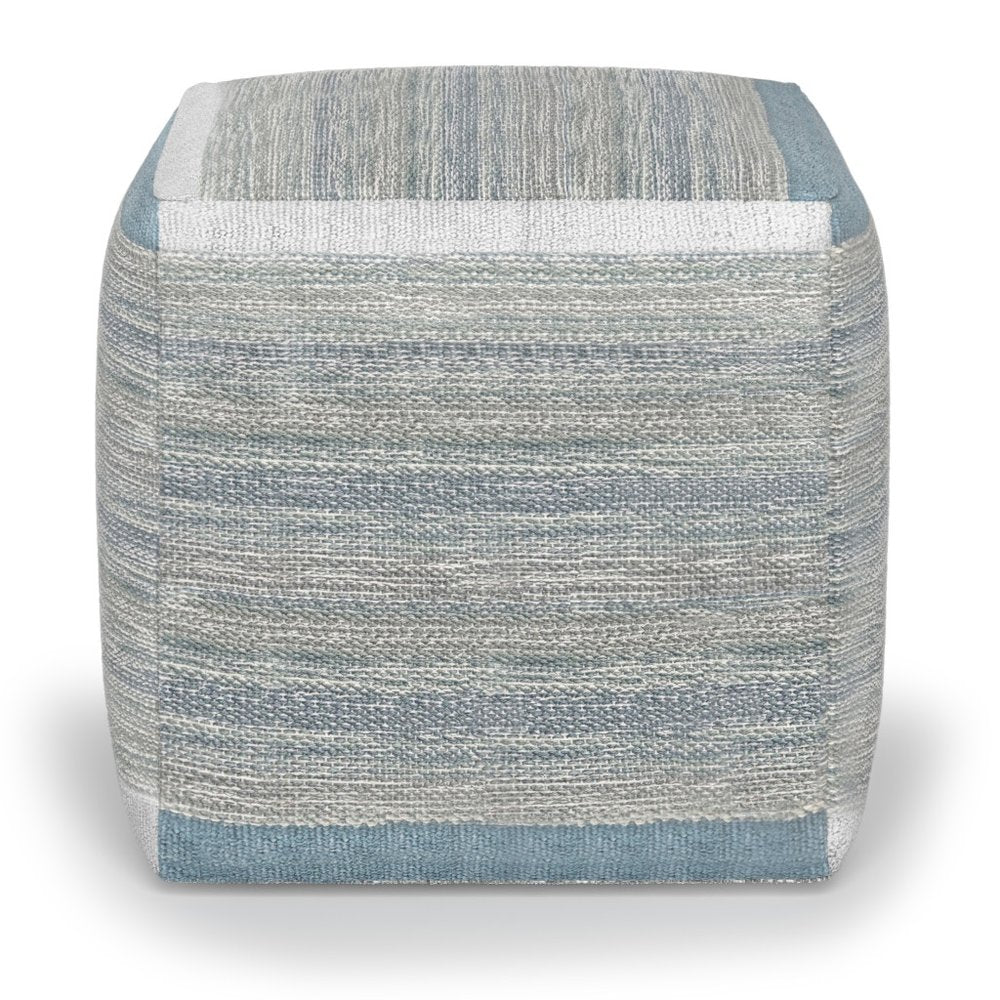 16" Blue Gray and Off White Cotton Abstract Cube Pouf Ottoman