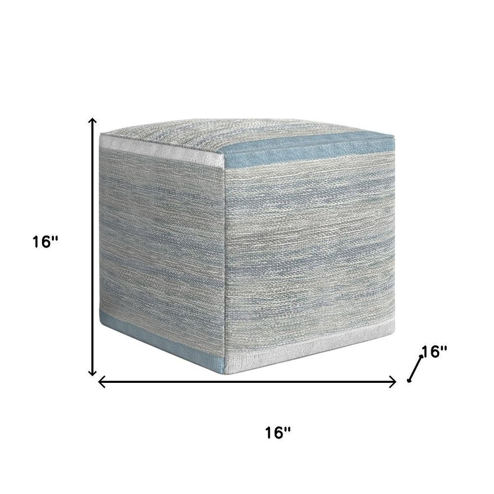 16" Blue Gray and Off White Cotton Abstract Cube Pouf Ottoman