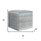 16" Blue Gray and Off White Cotton Abstract Cube Pouf Ottoman