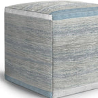 16" Blue Gray and Off White Cotton Abstract Cube Pouf Ottoman