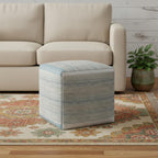 16" Blue Gray and Off White Cotton Abstract Cube Pouf Ottoman