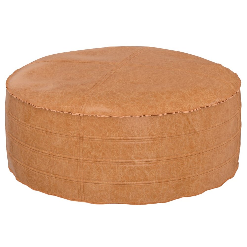 32" Brown Faux Leather Round Pouf Ottoman