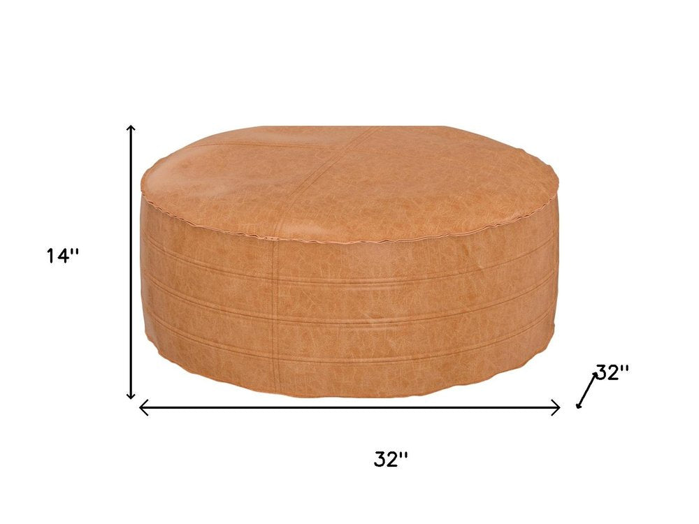 32" Brown Faux Leather Round Pouf Ottoman