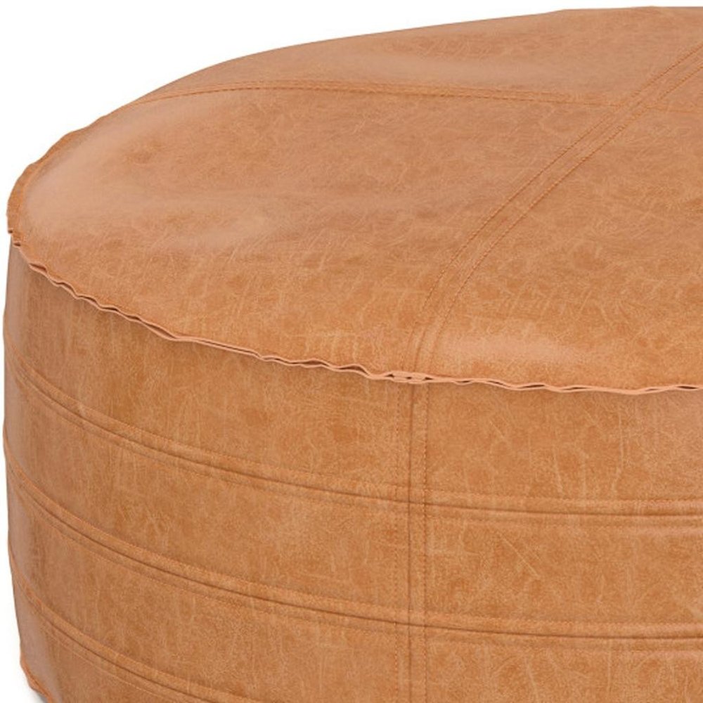 32" Brown Faux Leather Round Pouf Ottoman