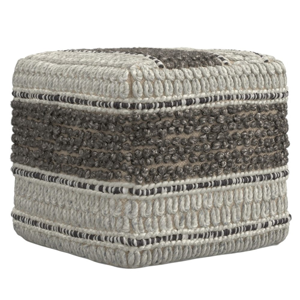 18" Blue Brown and Off White Cotton and Wool Striped Pouf Ottoman