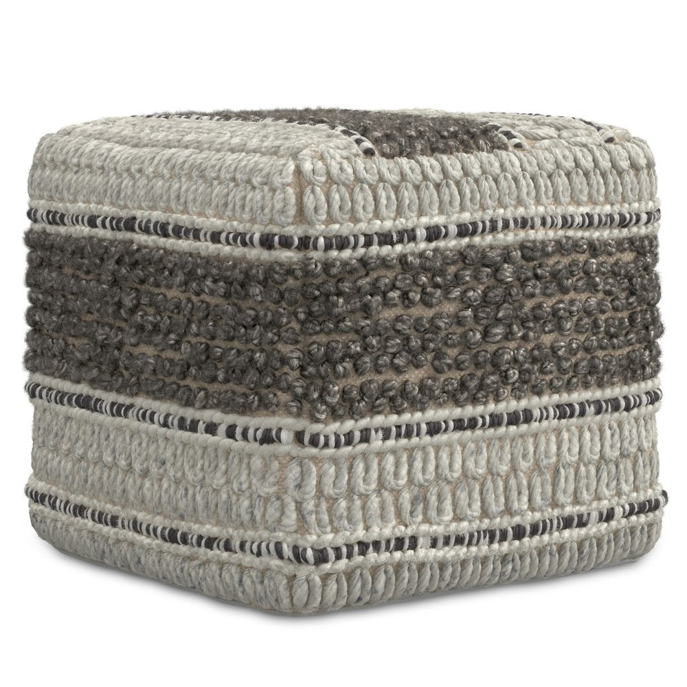 18" Blue Brown and Off White Cotton and Wool Striped Pouf Ottoman