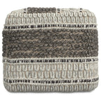 18" Blue Brown and Off White Cotton and Wool Striped Pouf Ottoman