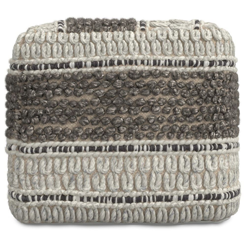 18" Blue Brown and Off White Cotton and Wool Striped Pouf Ottoman