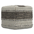 18" Blue Brown and Off White Cotton and Wool Striped Pouf Ottoman