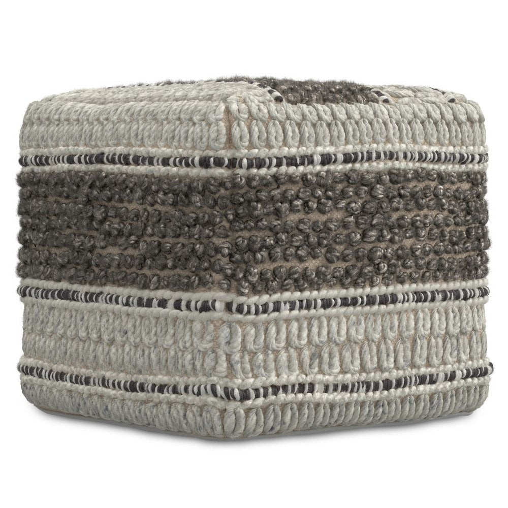 18" Blue Brown and Off White Cotton and Wool Striped Pouf Ottoman