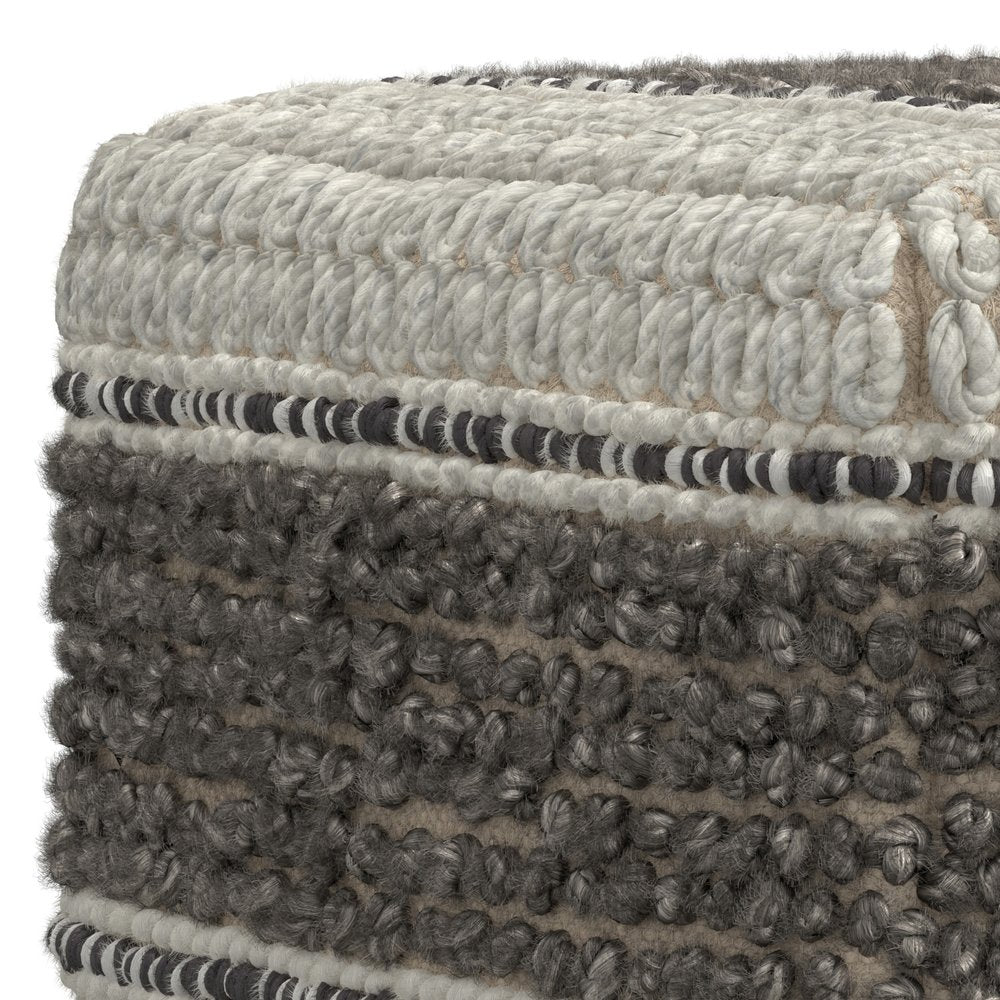 18" Blue Brown and Off White Cotton and Wool Striped Pouf Ottoman