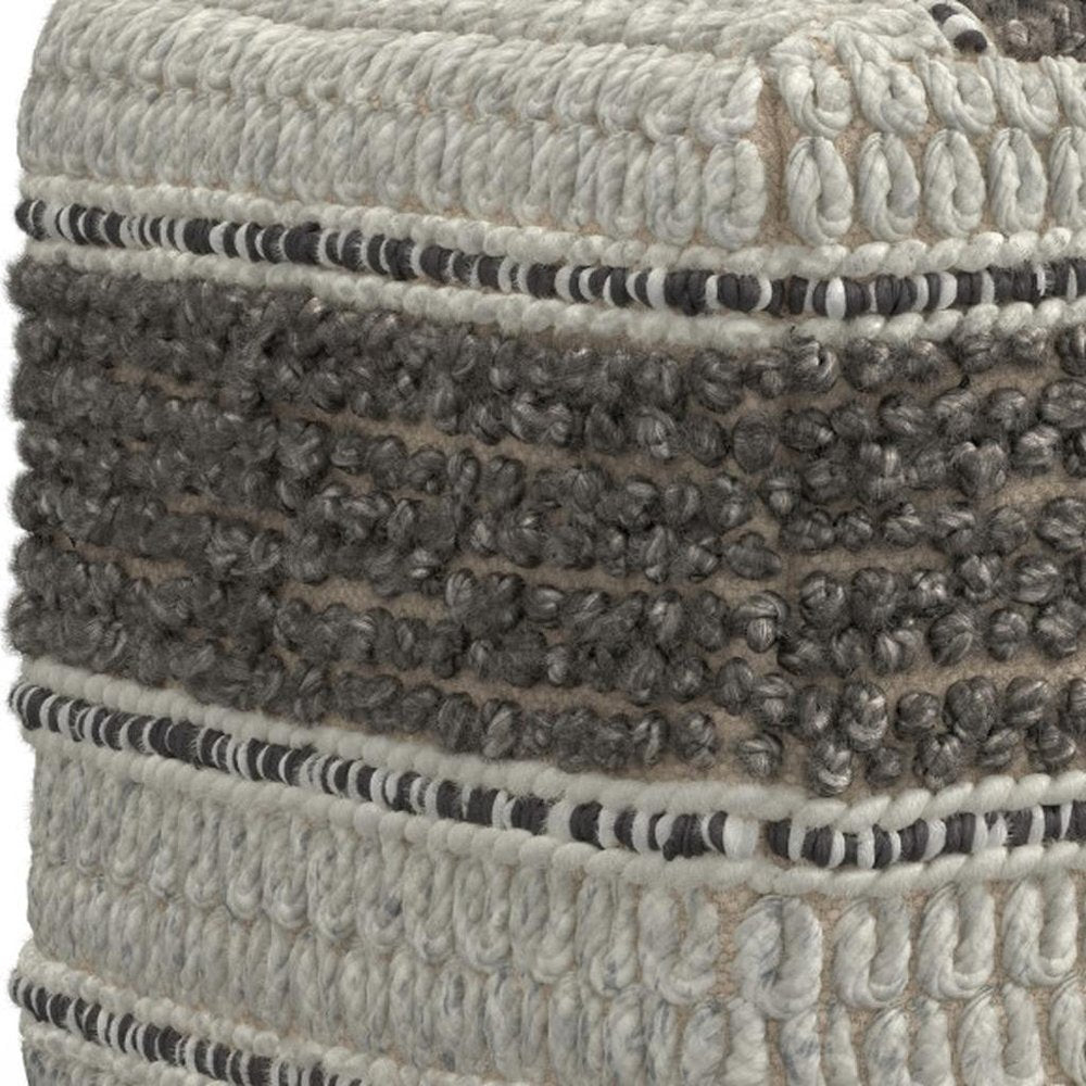 18" Blue Brown and Off White Cotton and Wool Striped Pouf Ottoman