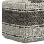 18" Blue Brown and Off White Cotton and Wool Striped Pouf Ottoman